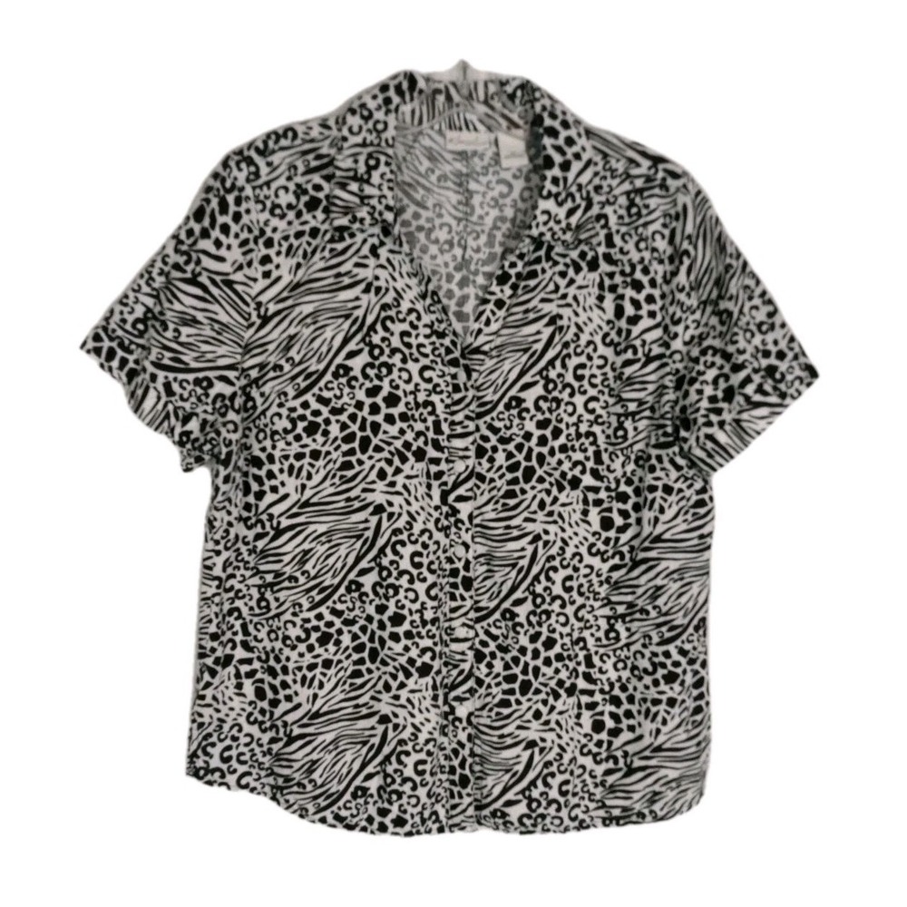 Kim Roger Linen  Button‎ Up Shirt Blouse Size XL Black White Animal Print